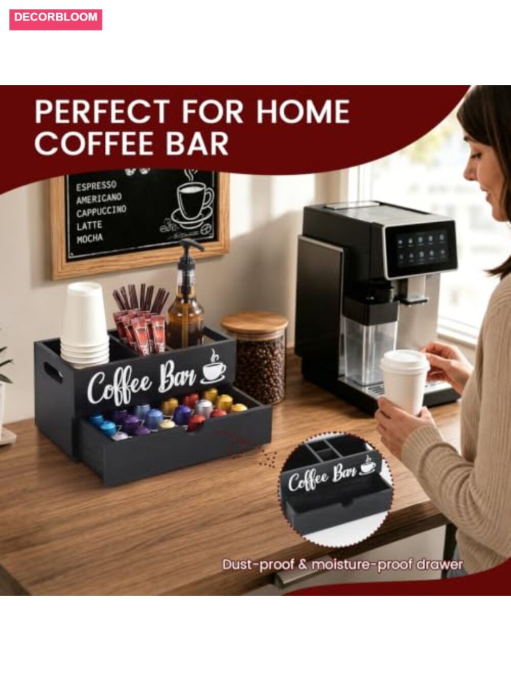 Farmhouse Coffee Station Organizer with Drawer | Wood Coffee Bar Holder for - Picture 3 of 6